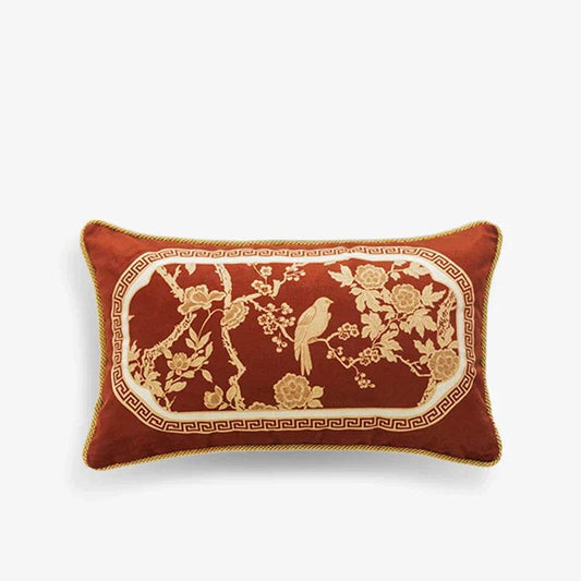 Chinoiserie Original Flowers and Birds Red Throw Pillow
