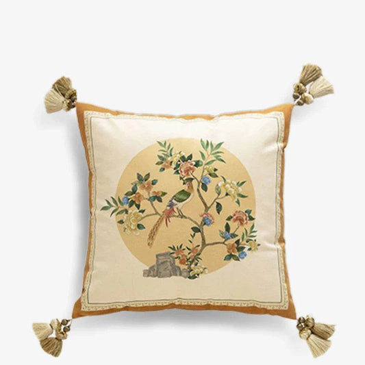 Chinoiserie Original Flowers and Birds Yellow Throw Pillow