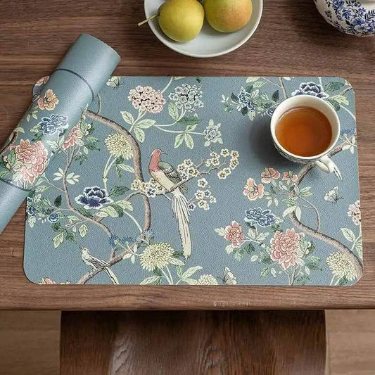 Chinoiserie Blue Crane & Hydrangea Placemats | Waterproof PU Leather, Set of 2