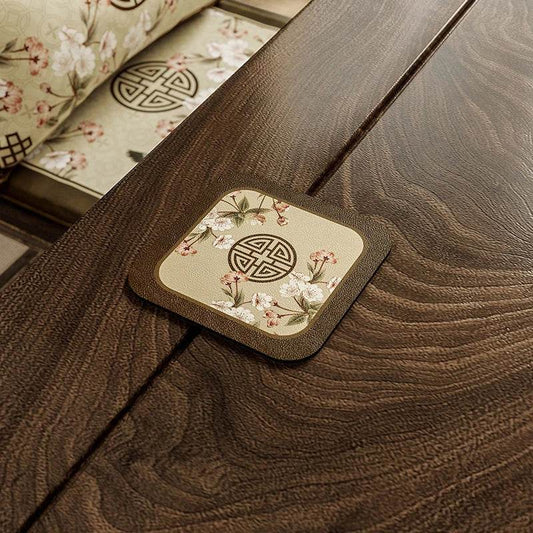 Chinoiserie Floral Tea Table Mat | Amber Yellow PU Leather, Magnolia & Begonia
