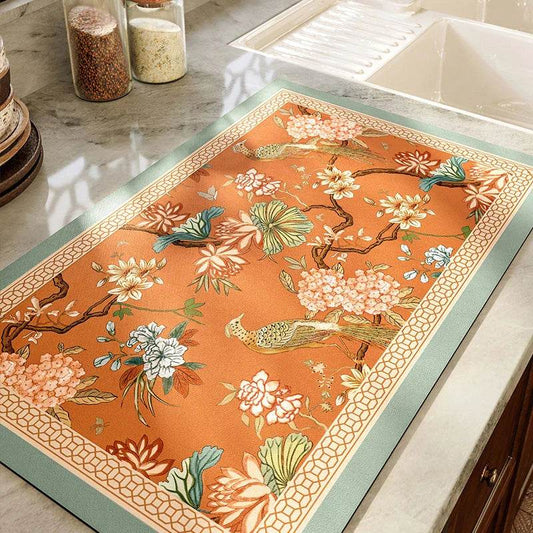 Chinoiserie Spring Floral Kitchen Drain Mat | Absorbent Waterproof PU Leather Counter Mat