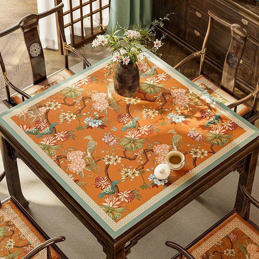 Chinoiserie Spring Floral & Bird Square Table Mat | Retro Orange Double-Sided PU Leather