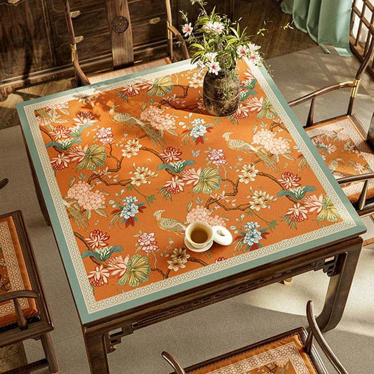 Chinoiserie Spring Floral & Bird Square Table Mat | Retro Orange Double-Sided PU Leather