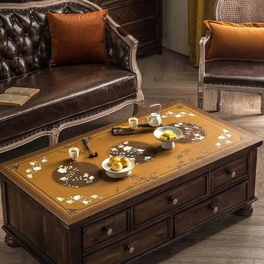 Chinoiserie Bird & Bamboo Coffee Table Mat – Luxury Waterproof Leather Table Protector