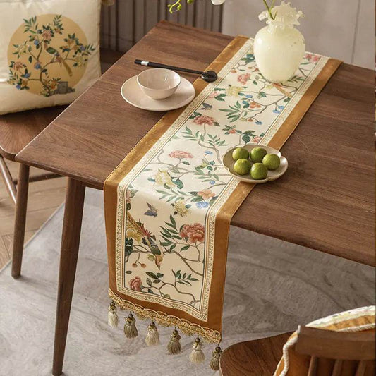 Chinoiserie Floral and Aviary Designer Orange Table Runner