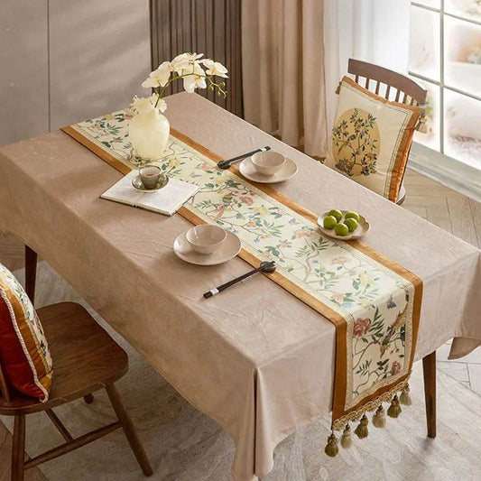 Chinoiserie Floral and Aviary Designer Orange Table Runner