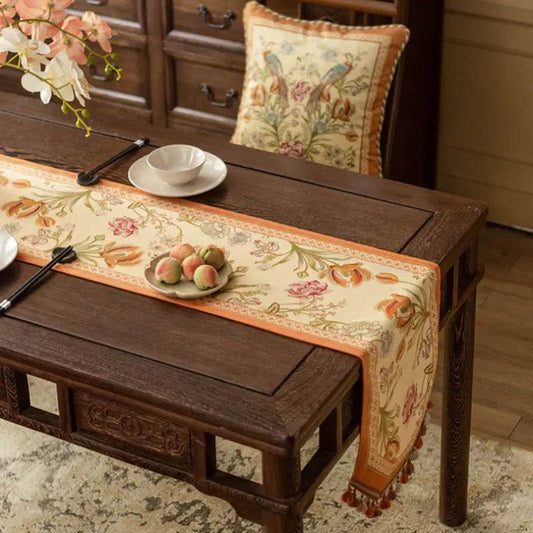 Jiangnan Orange Aviary Table Runner – Vintage Floral Chinoiserie Decor