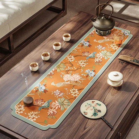 Chinoiserie Mountain Hydrangea Table Mat | Vintage Orange PU Leather, Floral & Bird