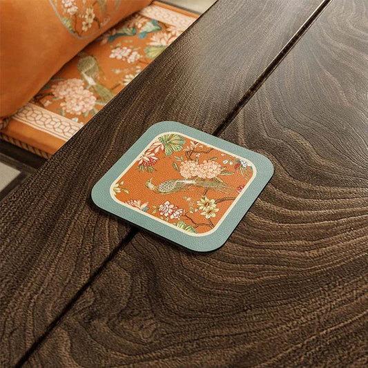 Chinoiserie Mountain Hydrangea Table Mat | Vintage Orange PU Leather, Floral & Bird