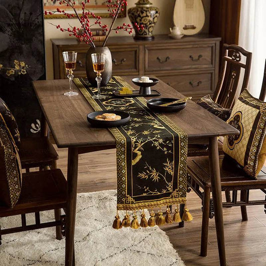 Chinoiserie Vintage Luxury High-End Black Table Runner