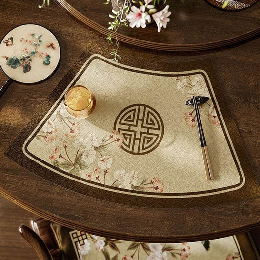 Chinoiserie Vintage Spring Floral Fan-Shaped Round Table Mat Set (2-Piece) – Luxury Waterproof Leather Placemats
