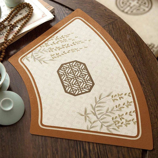 Chinoiserie Vintage Spring Floral Fan-Shaped Round Table Mat Set (2-Piece) – Luxury Waterproof Leather Placemats