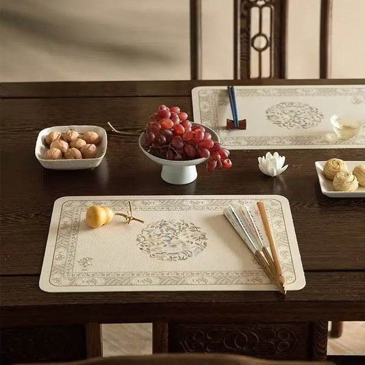 2-Piece Chinoiserie Abundant Harvest Leather Placemats | Waterproof & Washable Table Mats