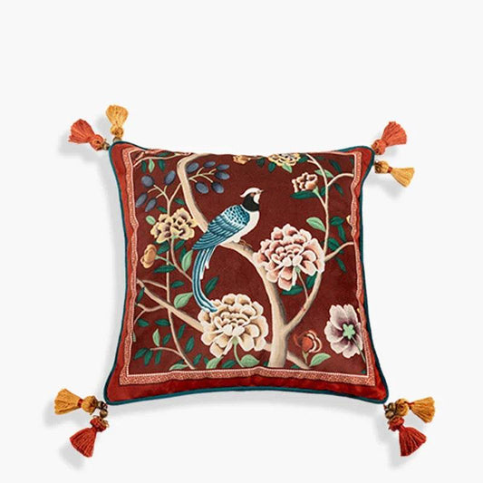 Sinocultural Chinoiserie Wedding Flower and Bird Throw Pillow Joyful Red Celebration
