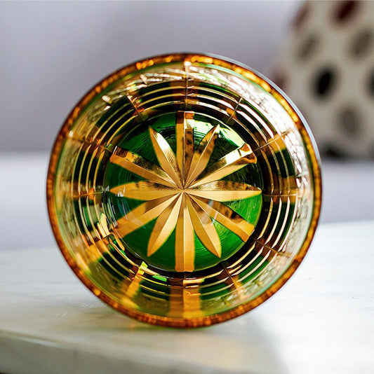 Edo Kiriko Amber & Emerald Diamond-Cut Handcrafted Crystal Whisky & Tea Glass