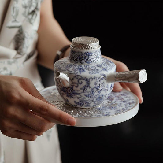 Blue And White Porcelain Teapot With Side Handle