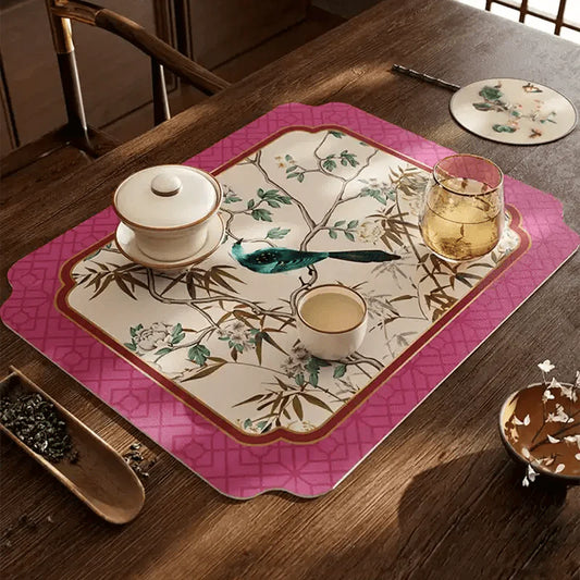 Chinoiserie Pink Floral & Bird Kitchen Drain Mat | Waterproof PU Leather Counter Mat