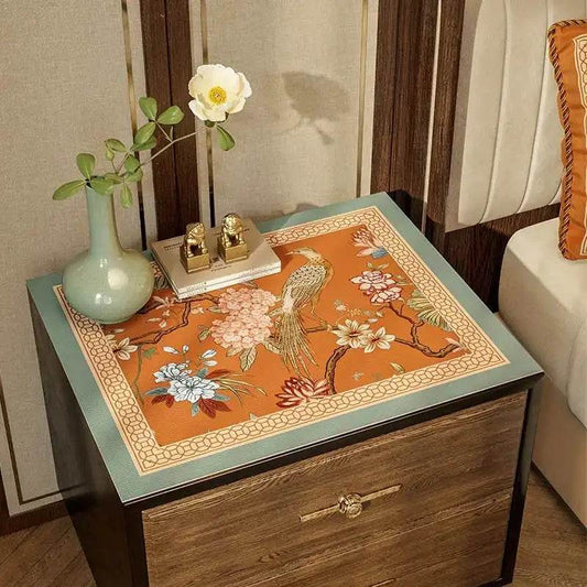 Chinoiserie Mountain Hydrangea Bedside Table Cover | Waterproof PU Leather Table Mat