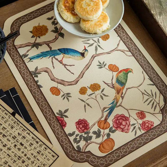Chinoiserie Floral Bird Waterproof Table Mats | Song Dynasty Retro Placemat Set (2pcs)
