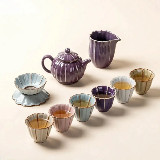 Chinese Jun Kiln Lotus Porcelain Tea Set