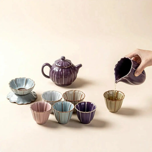 Chinese Jun Kiln Lotus Porcelain Tea Set