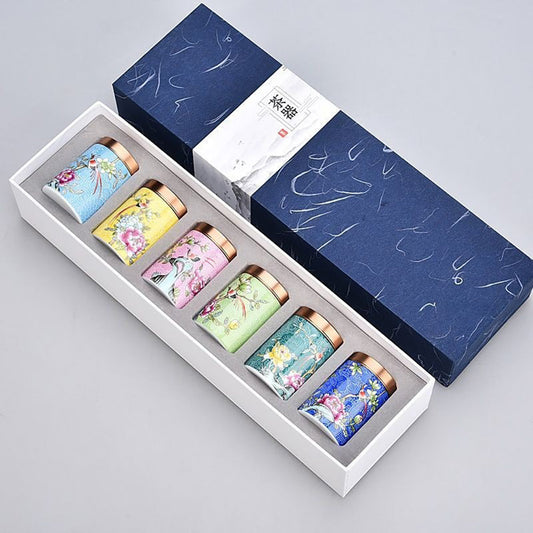 Magpie and Flower Enamel Six Tea Caddies Set