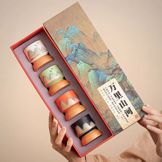 Fernberge Gongfu-Teetassenset mit Holzuntersetzer