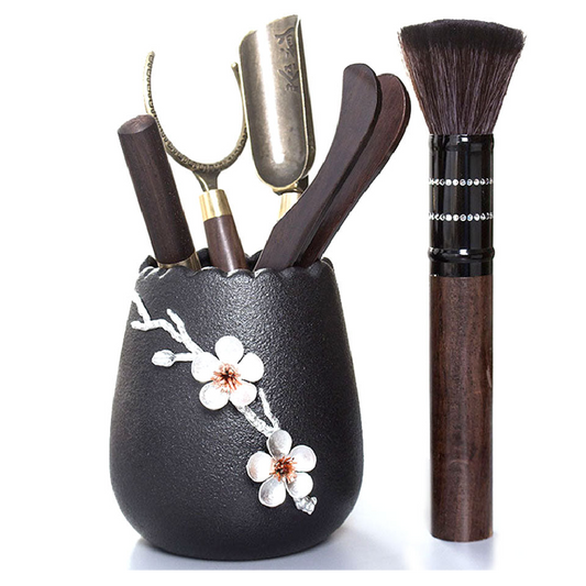 Ebony Tea Utensils Set With Ceramic Plum Blossom Holder