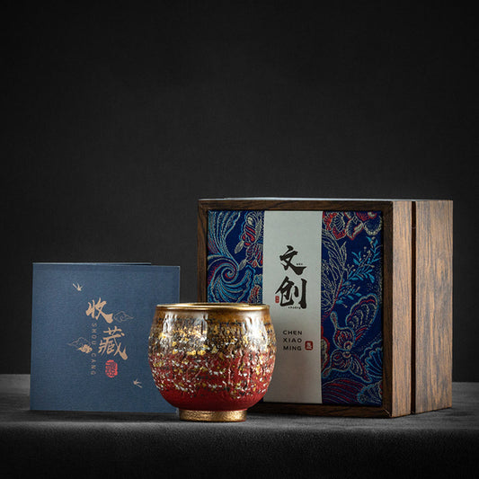 窑釉功夫茶杯镶金