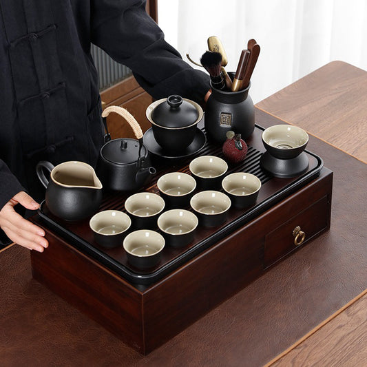 収納箱トレイ付き日本の黒陶器茶器セット