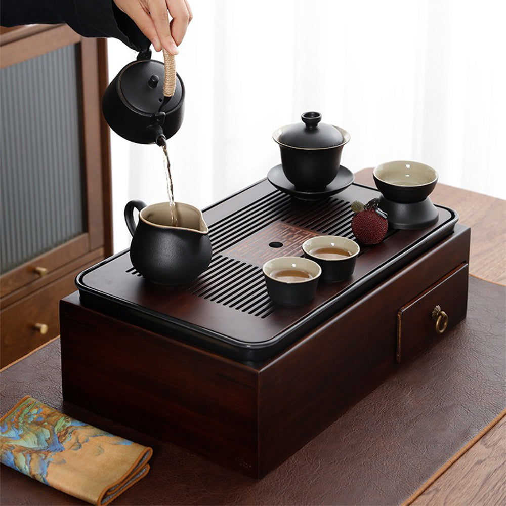 B613b 「茶箱セット」茶器セット 急須台　茶托　塗箱　仕覆布　茶箱 日本の黒陶茶器セットと収納箱付き茶托 – Jiangnan Sourcing
