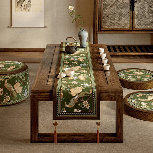 Luxury Emerald Green Chinoiserie Floral Table Runner