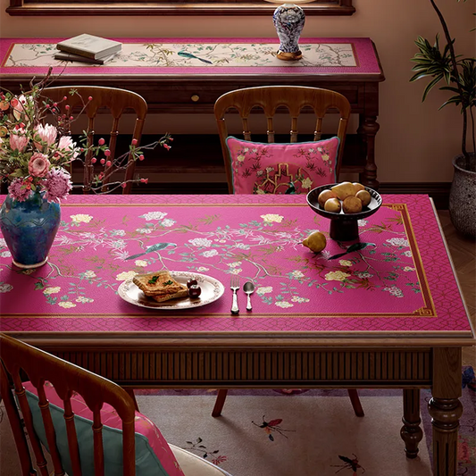Chinoiserie Pink Floral Bird Luxury Leather Table Mat – Easy-Clean Waterproof Placemat
