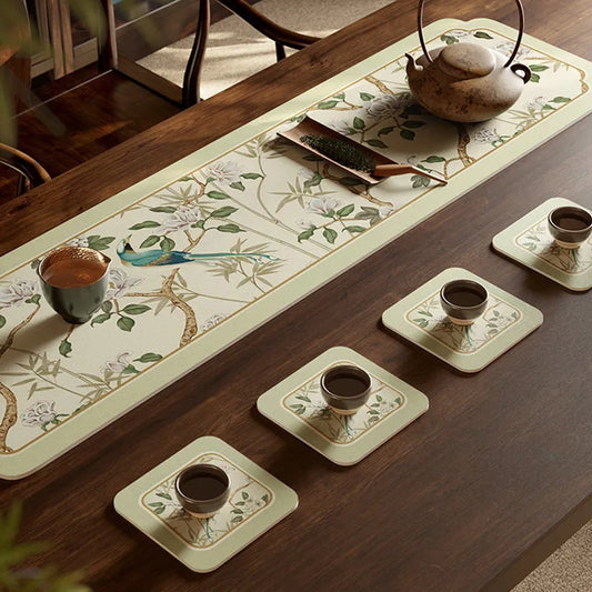 Chinoiserie Jade Green Leather Placemat | Waterproof Gourd-Shaped & Drain Mat, PVC Leather