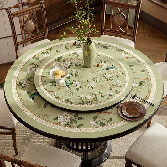 Chinoiserie Jade Green Round Table Cover | Waterproof PVC Leather Table Protector, Lazy Susan Mat
