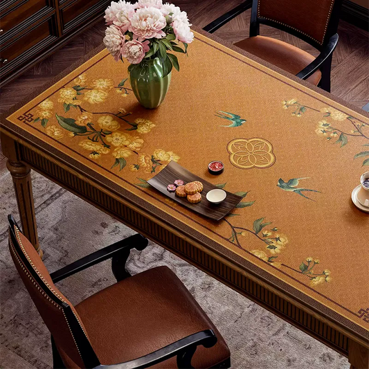 Chinoiserie Coffee Brown Floral & Swallow Luxury Leather Table Mat – Waterproof Easy-Clean Placemat