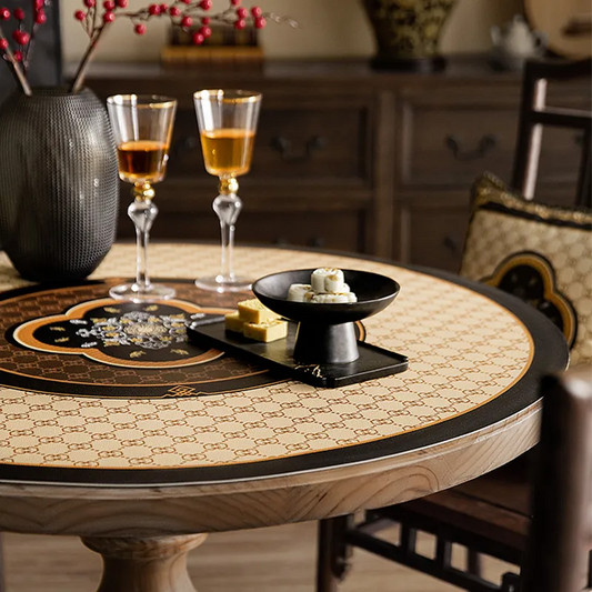 Chinoiserie Black & Gold Ruyi Bamboo Round Table Mat | Tang Dynasty Luxury PVC Leather