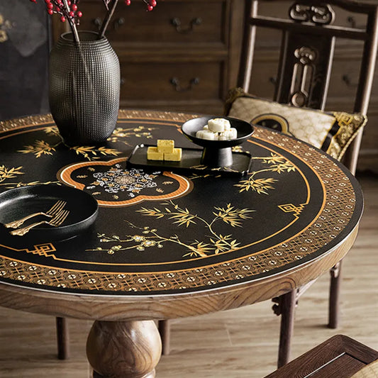 Chinoiserie Black & Gold Ruyi Bamboo Round Table Mat | Tang Dynasty Luxury PVC Leather