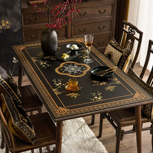 Chinoiserie Black & Gold Ruyi Bamboo Table Mat | Tang Dynasty Luxury PVC Leather Placemat