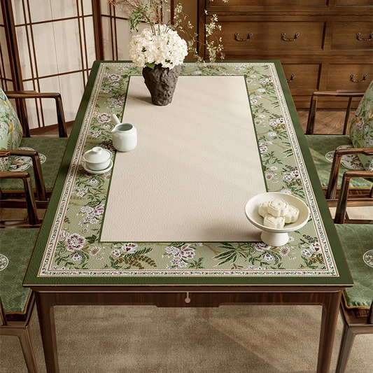 Chinoiserie Emerald Green Floral Luxury Leather Table Mat – Wash-Free Waterproof Easy-Clean Placemat