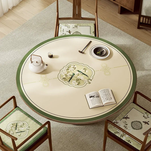 Chinoiserie Orchid & Kingfisher Round Table Mat | Mogu Brushwork Jade Green PVC Leather