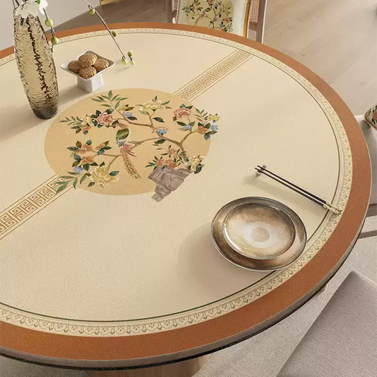 Chinoiserie Floral & Songbird Round Table Cover | Waterproof PVC Leather Table Protector