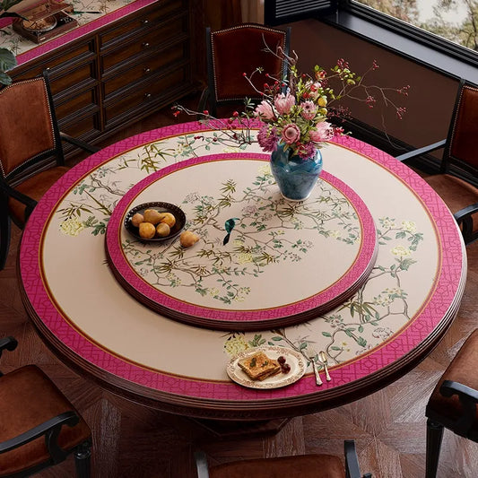 Chinoiserie Pink Floral Bird Luxury Round Table Mat – Retro Elegant Waterproof Leather Placemat