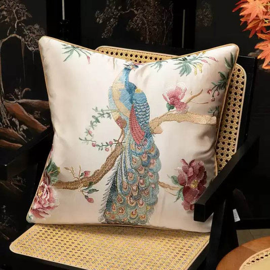 Chinoiserie Peony and Peacock Embroidered Throw Pillow for Sofa Bed Decor