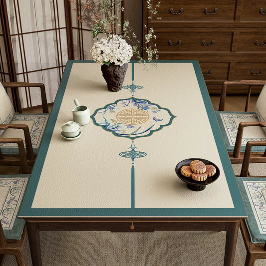 Summer Blue Chinoiserie Leather Table Mat – Waterproof & Heat-Resistant Placemat