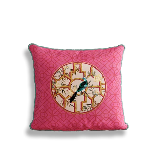 Chinoiserie Window Lattice Bird & Blossom Square Throw Pillow for Sofa & Bed Decor
