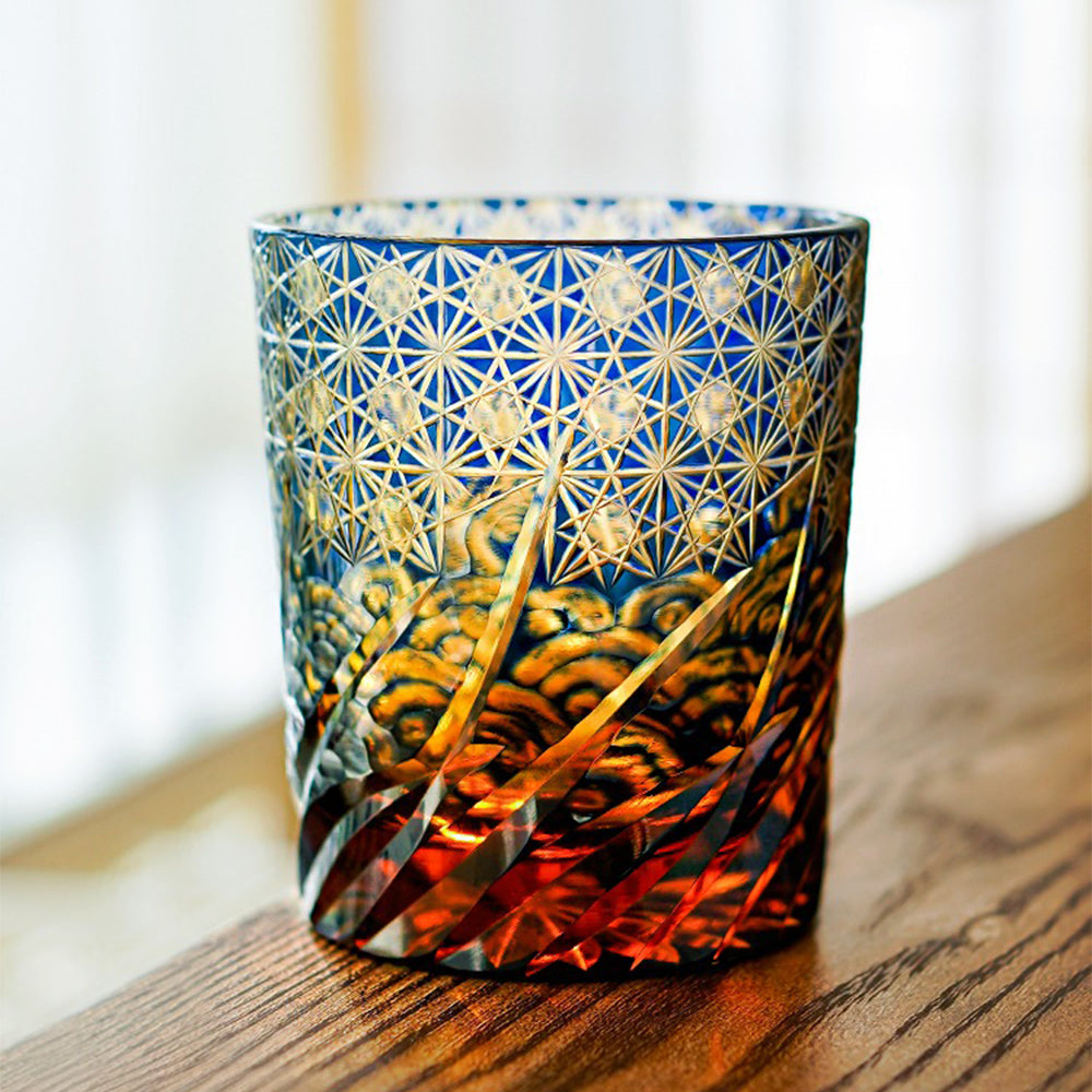 Edo Kiriko Amber & Blue Wave Handcrafted Crystal Whisky & Tea Glass