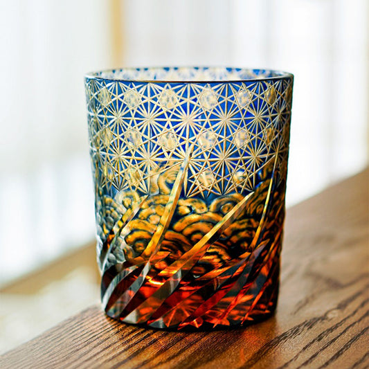 Edo Kiriko Amber & Blue Wave Handcrafted Crystal Whisky & Tea Glass
