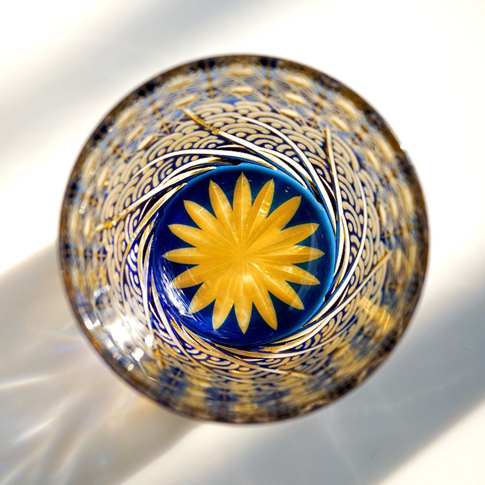 Edo Kiriko Amber & Blue Wave Handcrafted Crystal Whisky & Tea Glass