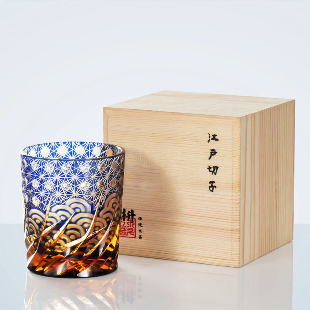 Edo Kiriko Amber & Blue Wave Handcrafted Crystal Whisky & Tea Glass